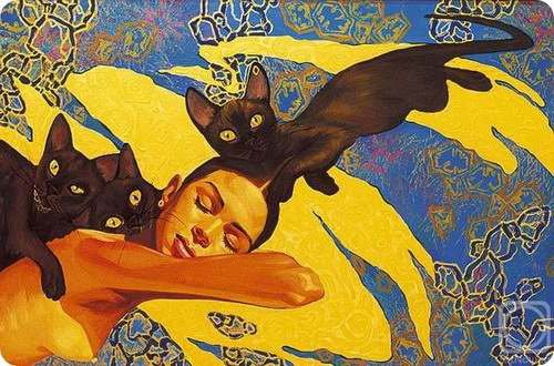 девушка и кошки - она, девушка, коты, сон, кошка, черная кошка, кот, женщина - оригинал