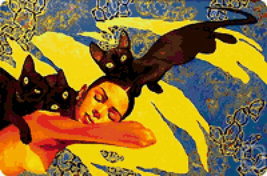 девушка и кошки - кот, она, сон, черная кошка, девушка, кошка, женщина, коты - предпросмотр