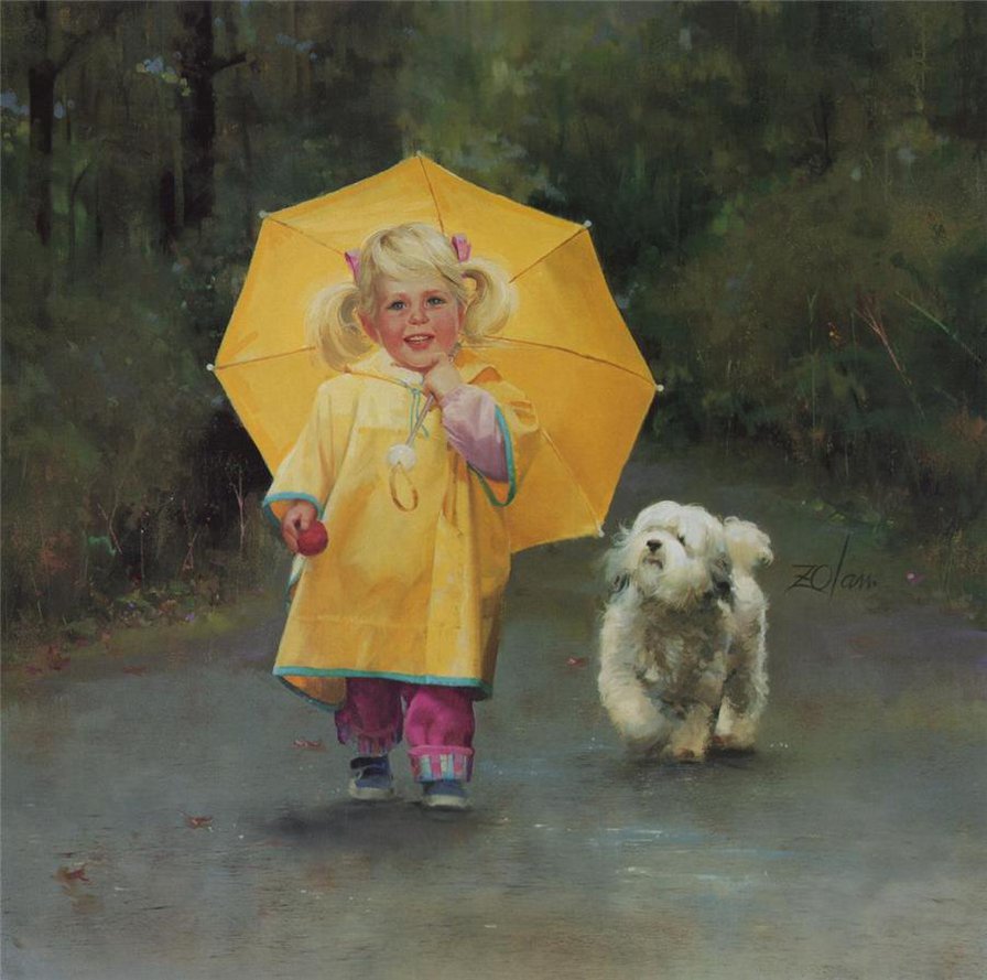Девочка - ребенок, картина, зонт, собака, девочка - оригинал