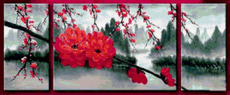 триптих - япония, восток, сакура, цветы, акварель, живопись - предпросмотр