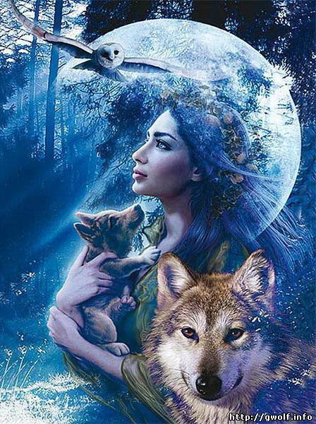 девушка - девушка, волки, луна, лес - оригинал