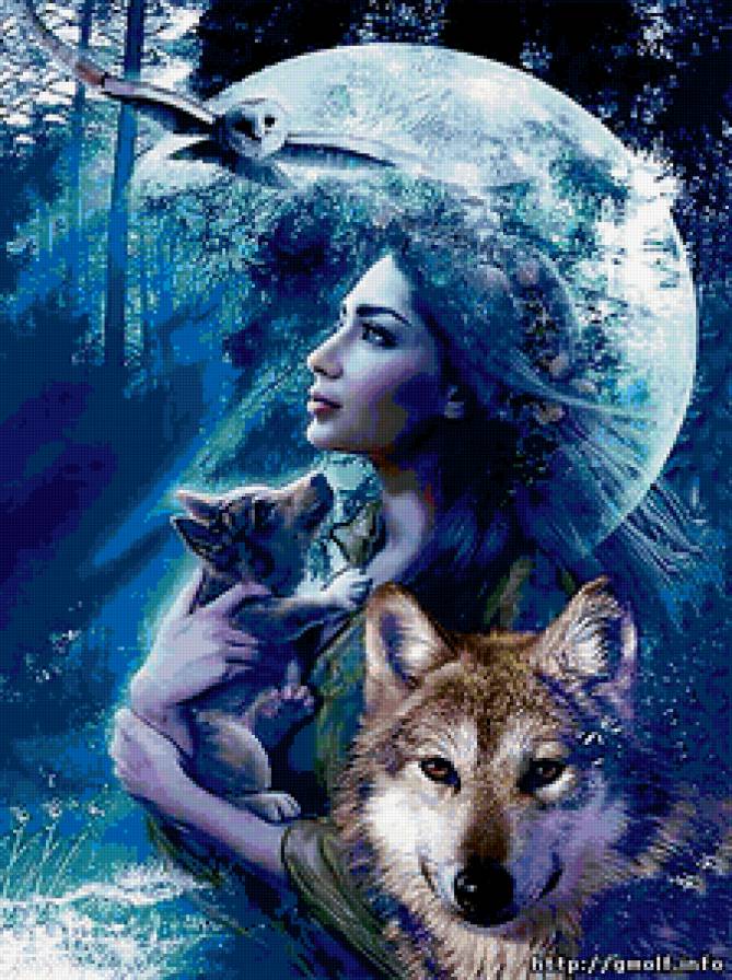 девушка - лес, волки, луна, девушка - предпросмотр