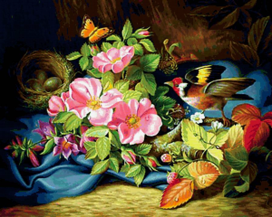 Летнее настроение - шиповник, клубника, гнездо, птичка, лето - предпросмотр