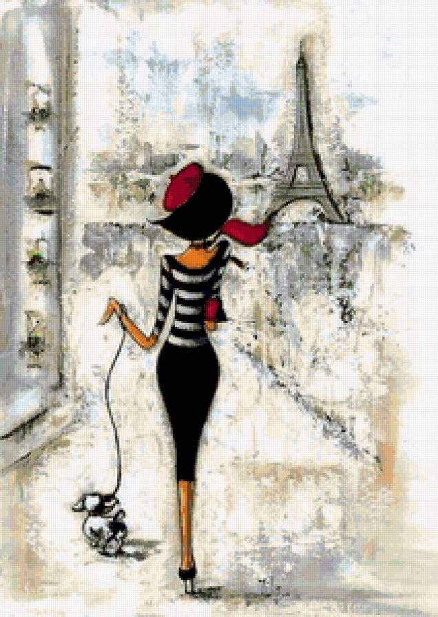 Парижанка - парижанка, животное, париж, девушка, пудель, рисунок - предпросмотр
