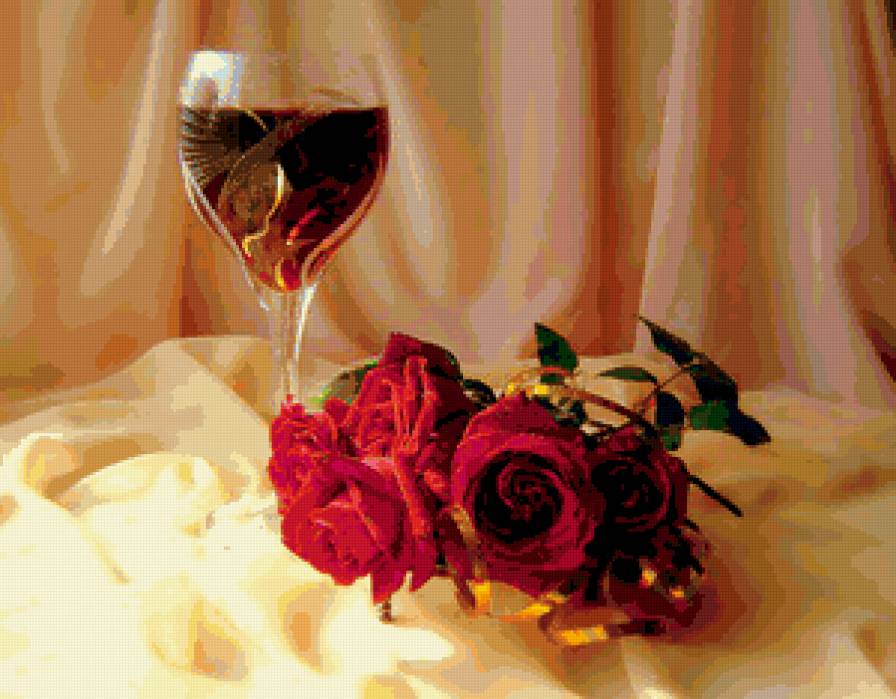 №363390 - розы, цветы, натюрморт, букет, вино - предпросмотр