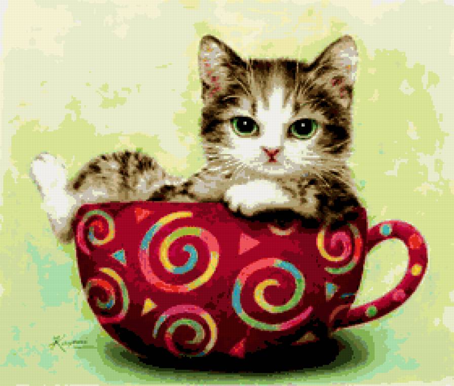 котенок в чашке - чашка, котенок, посуда, милашка, лапушка, кот, кухня - предпросмотр