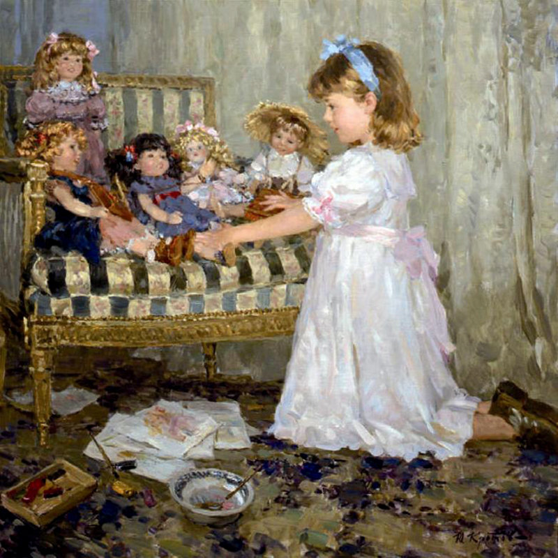 Девочка с куклами - живопи, фэнтези, красота женщины, цветы, девушка, картины, дети - оригинал