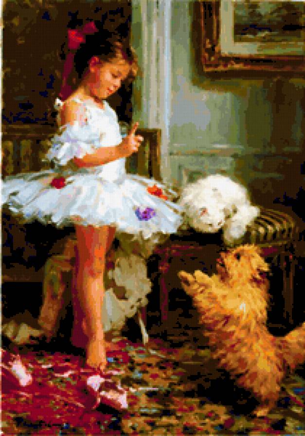 маленькая балерина - девушка, картины, живопи, цветы, красота женщины, фэнтези, дети - предпросмотр