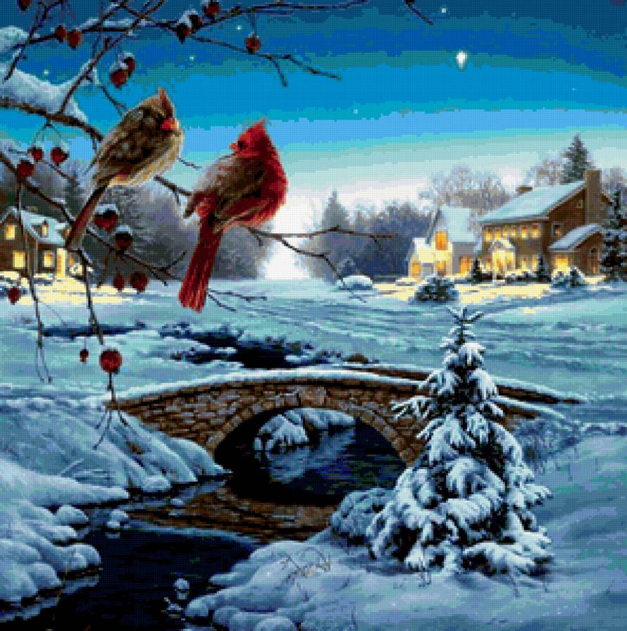 зимний пейзаж - дом, зима, птицы, снег - предпросмотр