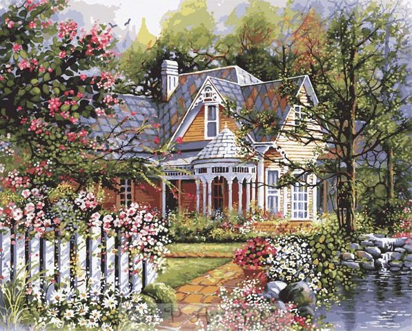 летний пейзаж - природа, цветы, дом, деревья, вода, лето - оригинал