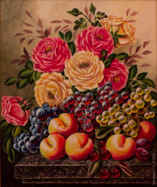 пионы с фруктами - пионы, персики, виноград - оригинал