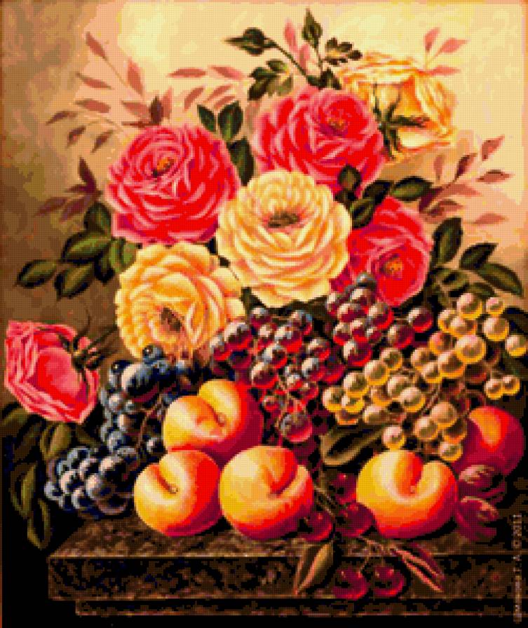 пионы с фруктами - виноград, персики, пионы - предпросмотр