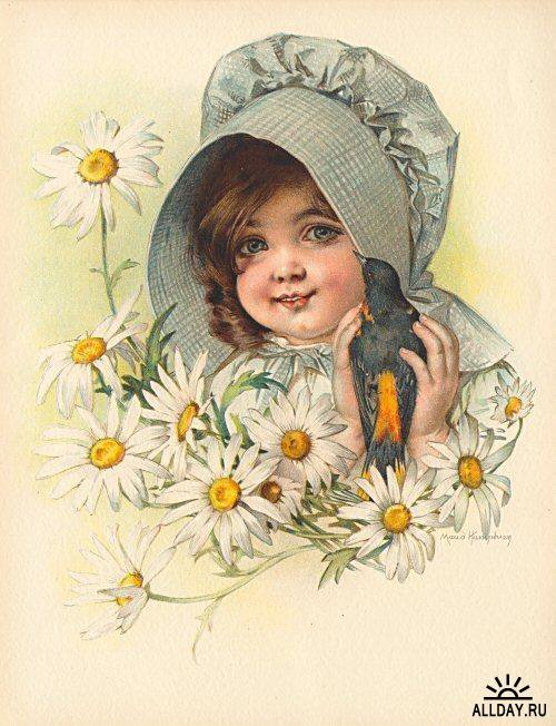 Девочка винтаж и птичка - девочка, винтаж, старинные открытки - оригинал