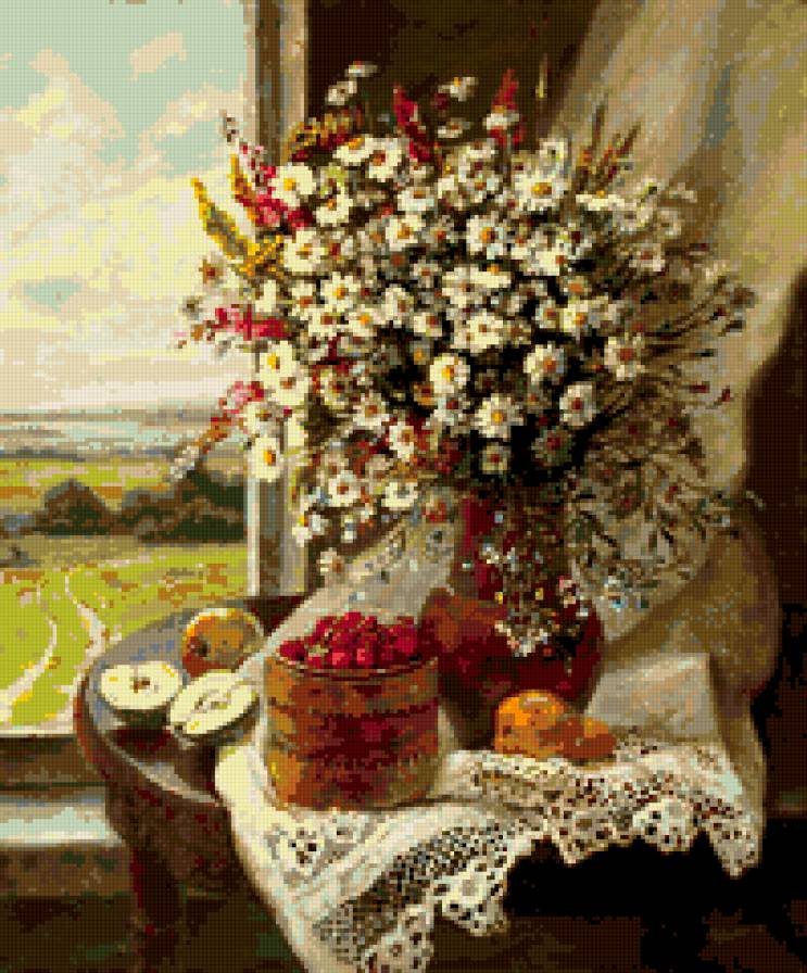 Букет ромашек и фрукты - ягоды, ромашки, цветы, окно, натюрморт - предпросмотр