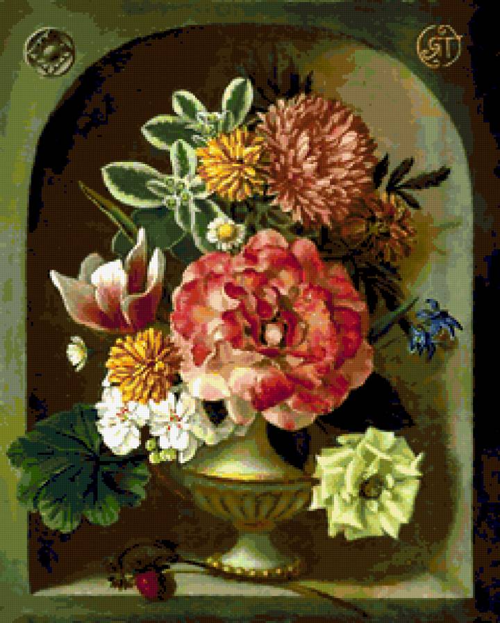 букет в нише-2 - пион, ваза, герань, цветы, букет - предпросмотр