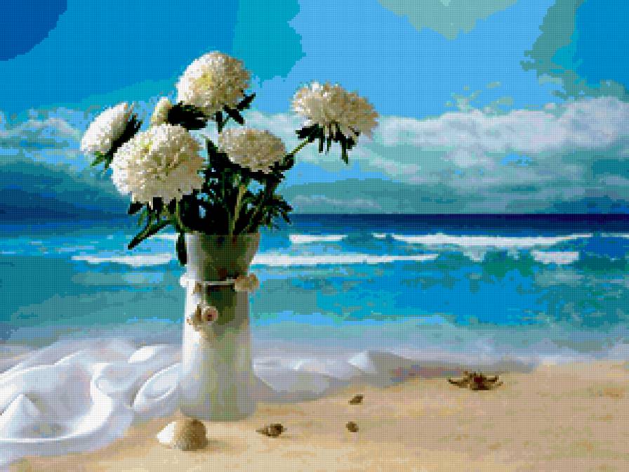 Мечты - волны, букет, цветы, пейзаж, море - предпросмотр