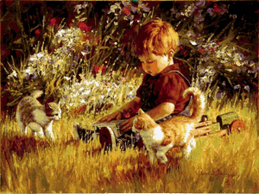 мальчик на лужайке - мальчик, котята, цветы, дети, куст, ребенок, кот, игрушки - предпросмотр