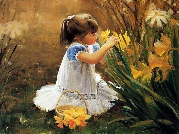 девочка и цветы - ребенок, природа, цветы, корзина, девочка, кусты, дети - оригинал