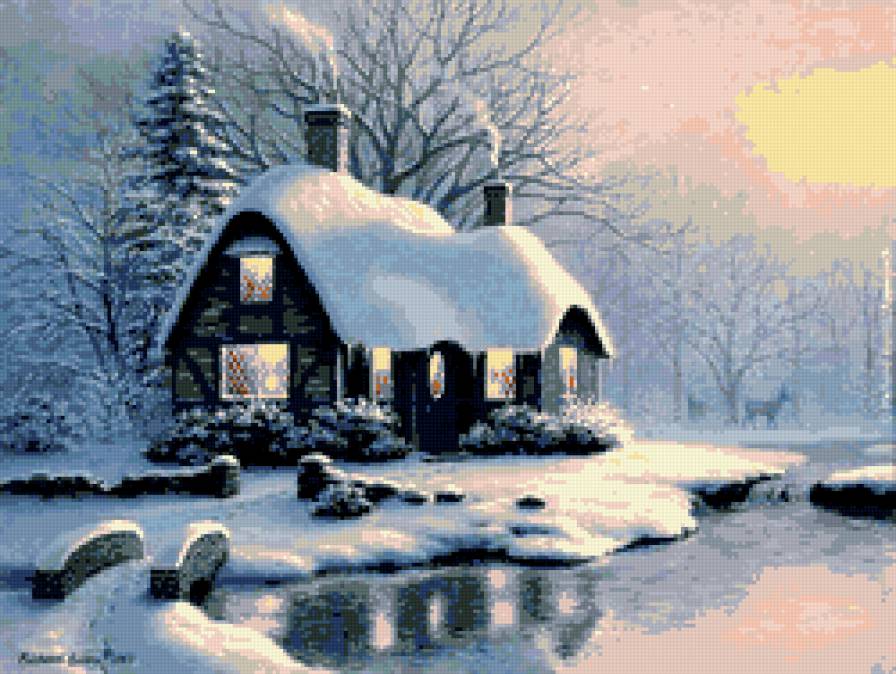 домик - природа, дом, мост, река, олень, лес, зима - предпросмотр