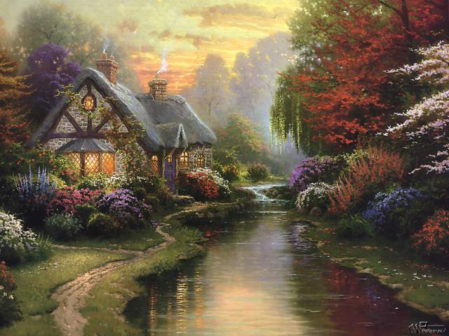 домик - дом, лес, дерево, , природа, цветы, река - оригинал