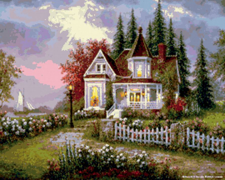 домик - озеро, парусник, природа, цветы, , лес, дом, палисадник, дерево - предпросмотр