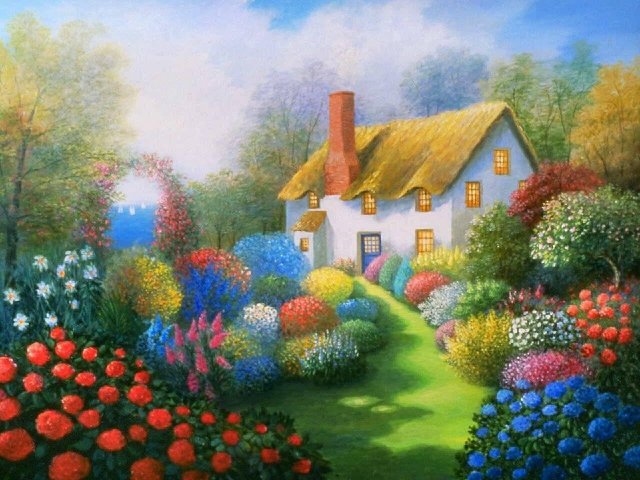 домик - полисадник, дом, дворик, цветы, лес, природа - оригинал