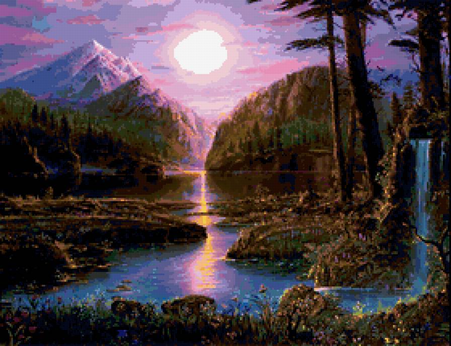 ночь - водопад, ночь, дерево, луна.горы, природа - предпросмотр