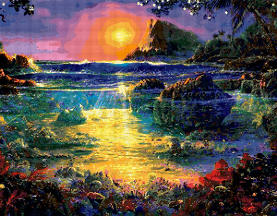 море - горы, мир, море, берег, луна, ночь, вид, кораллы, волны, подводный мир - предпросмотр