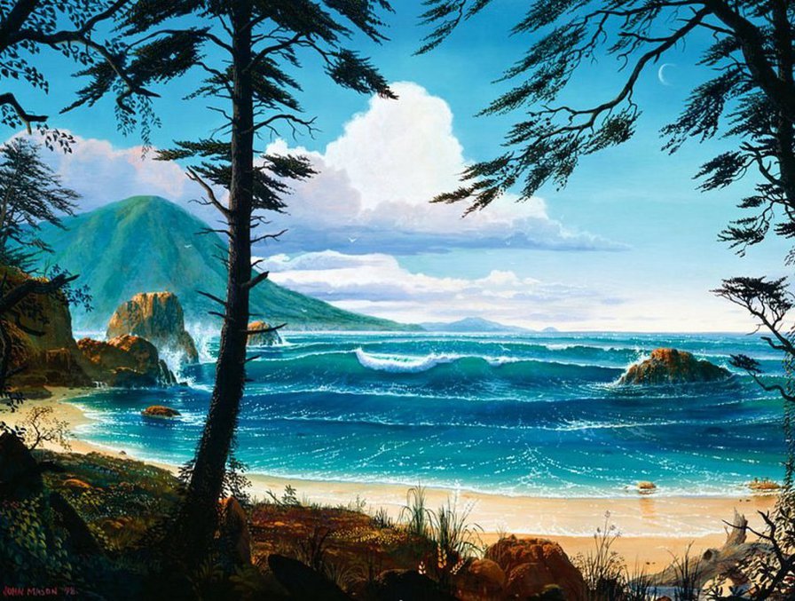 море - природа, облако, океан, пляж, море, вид, деревья, миргоры, песок - оригинал