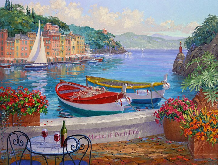 причал - вино, столик, горы, парусник, лодки, море, цветы - оригинал