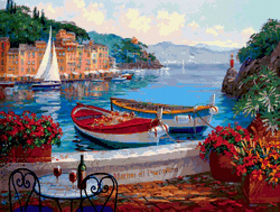 причал - цветы, вино, столик, парусник, море, лодки, горы - предпросмотр