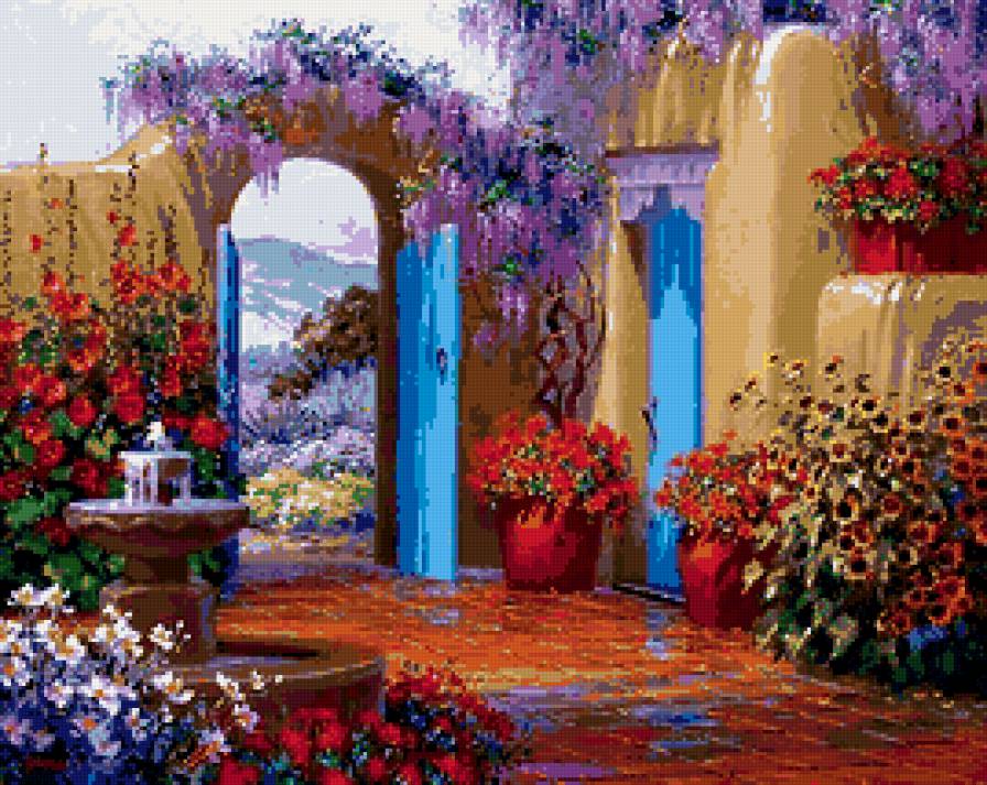 фонтан - цветы, цветник, дворик, букет - предпросмотр