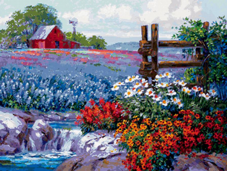 домик - дерево, цветы, ручей, дом, природа, луг - предпросмотр