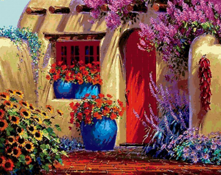 дворик - цветы, мдворик, рень, подсолнухи, окно, перец, природа, дом, сиаки - предпросмотр