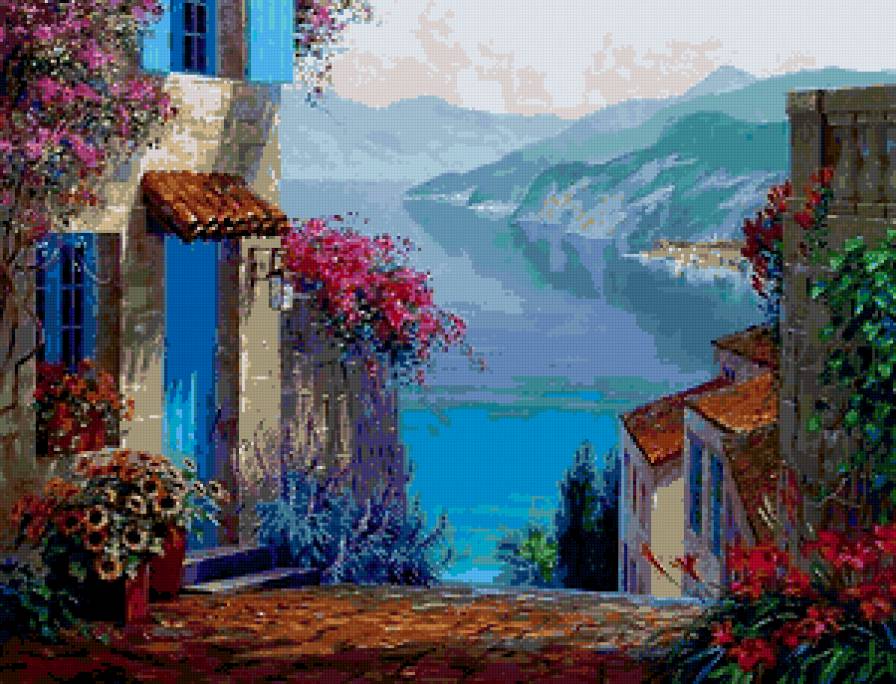 улицы - подсолнухи, горы, вид, цветы, дом, море, дорога - предпросмотр