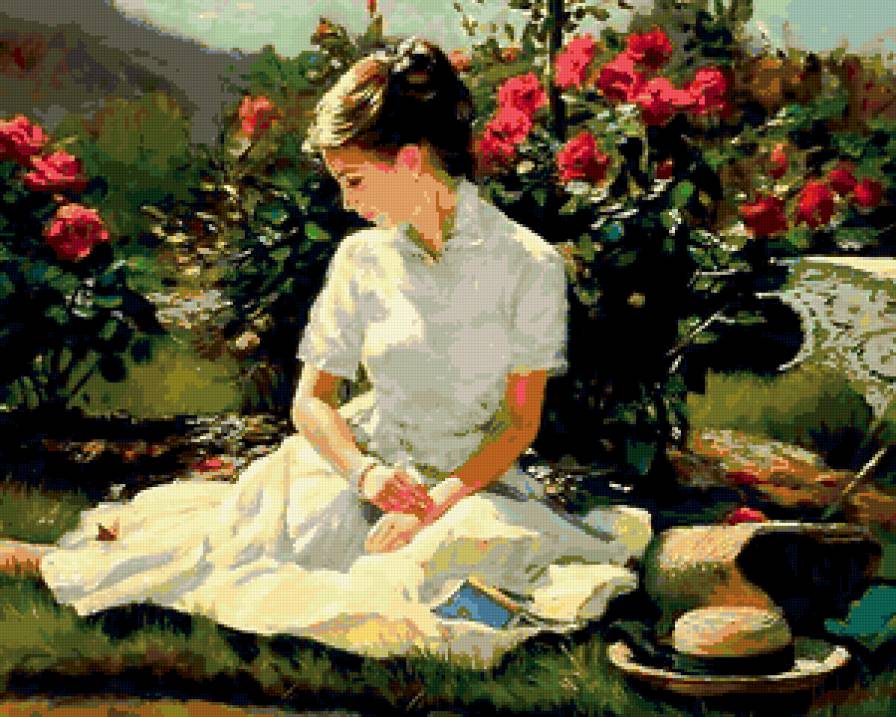 девушка - образ, женщина, девушка, она, цветы, шляпа, книга, розы - предпросмотр