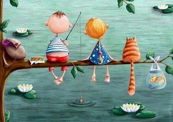 рыбалка - ребенок, девочка, кувшинка, рыбка, кот, удочка, ветка, мальчик, дети - оригинал