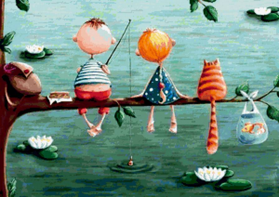 рыбалка - дети, кувшинка, удочка, мальчик, рыбка, ветка, кот, ребенок, девочка - предпросмотр
