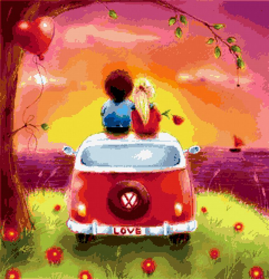 на машине - она, любовь, машина, он, дети, дерево, седце - предпросмотр