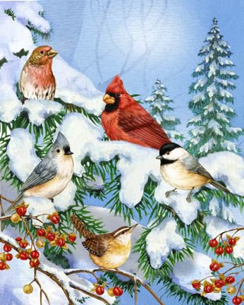 птицы в зимнем лесу - снег, птицы, лес - оригинал