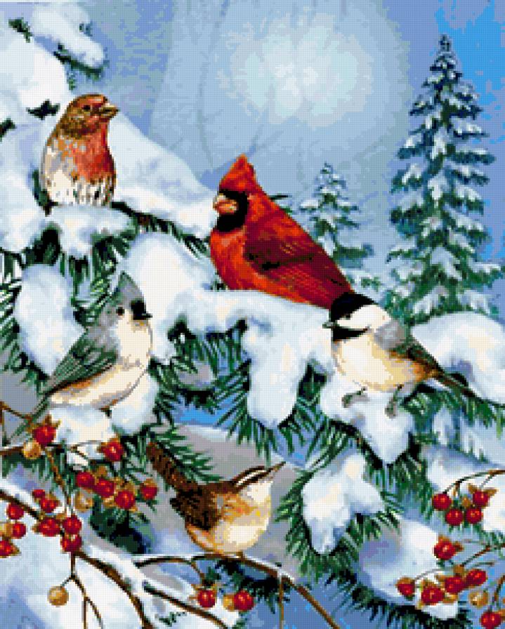 птицы в зимнем лесу - лес, снег, птицы - предпросмотр