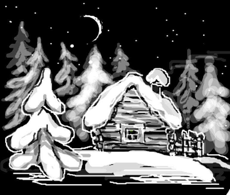 зима - природа, пейзаж, деревья, сугробы, избушка, снег, зима - оригинал