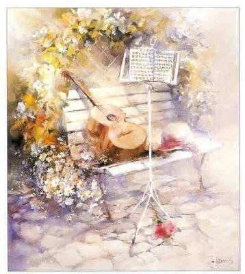 гитара - музыкант, ноты, цветы, гитара, шляпа, музыка - оригинал