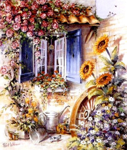 деревенский дом - розы, подсолнухи, дом окно - оригинал