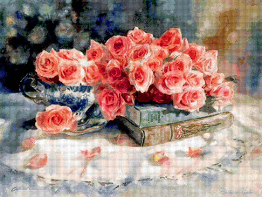 розы - чашка, натюрморт, книги, цветы. розы, букет - предпросмотр