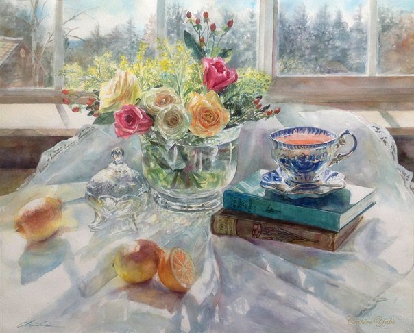 натюрморт - чашка, букет, лимон, розы, вид, окно, цветы, книги - оригинал