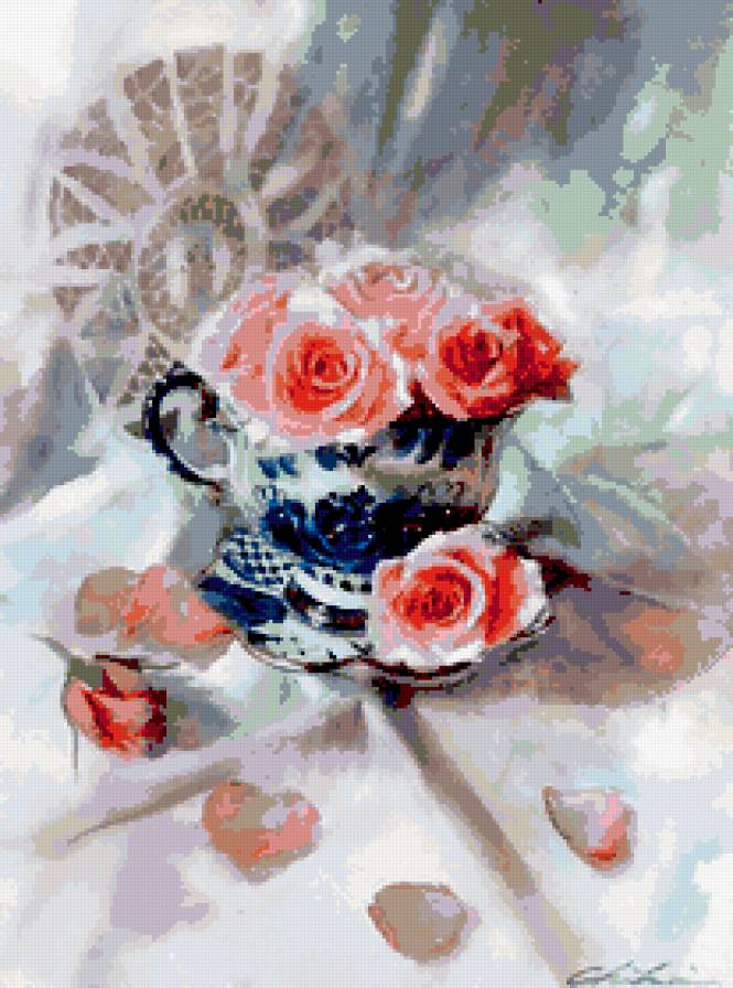 розы - букет, роза, чашка, цветы, натюрморт - предпросмотр