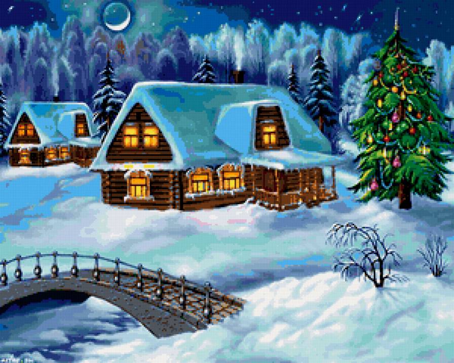 Новогодняя ночь - мост, деревня, елка, луна, дома - предпросмотр