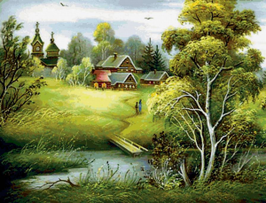 Сельский пейзаж - домики, пейзаж, река - предпросмотр