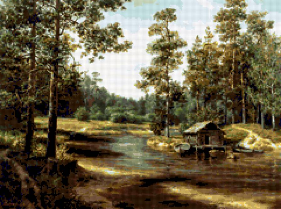 Лесная сторожка (М.Сатаров) - домик, пейзаж, ручей, лес - предпросмотр